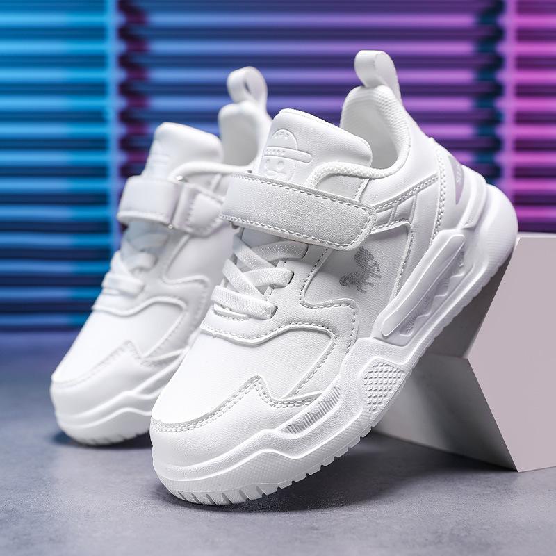 Children's Little White Shoes Board Shoes 2025 New Mesh Breathable Leather Waterproof Boys and Girls Black Sports Shoes