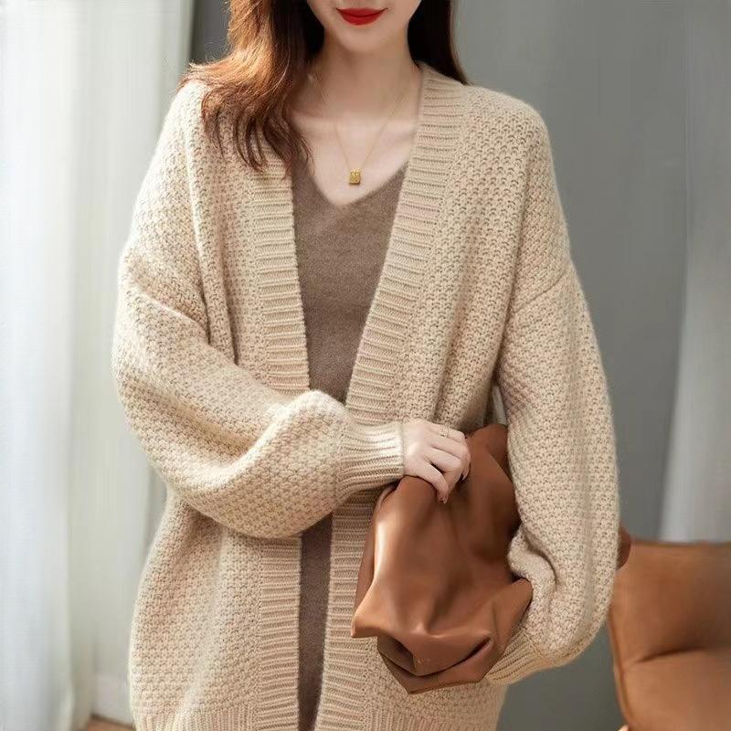 Осень Зима Женский Французский Ретро Стиль Вязаный Кардиган Свитер из Толстой Нити Свободное Пальто Средней Длины Повседневный Универсальный