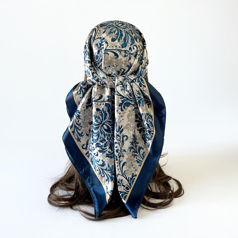 Vintage-print silk scarf, 90×90cm, faux silk headscarf, glossy satin headscarf, head-wrapping scarf