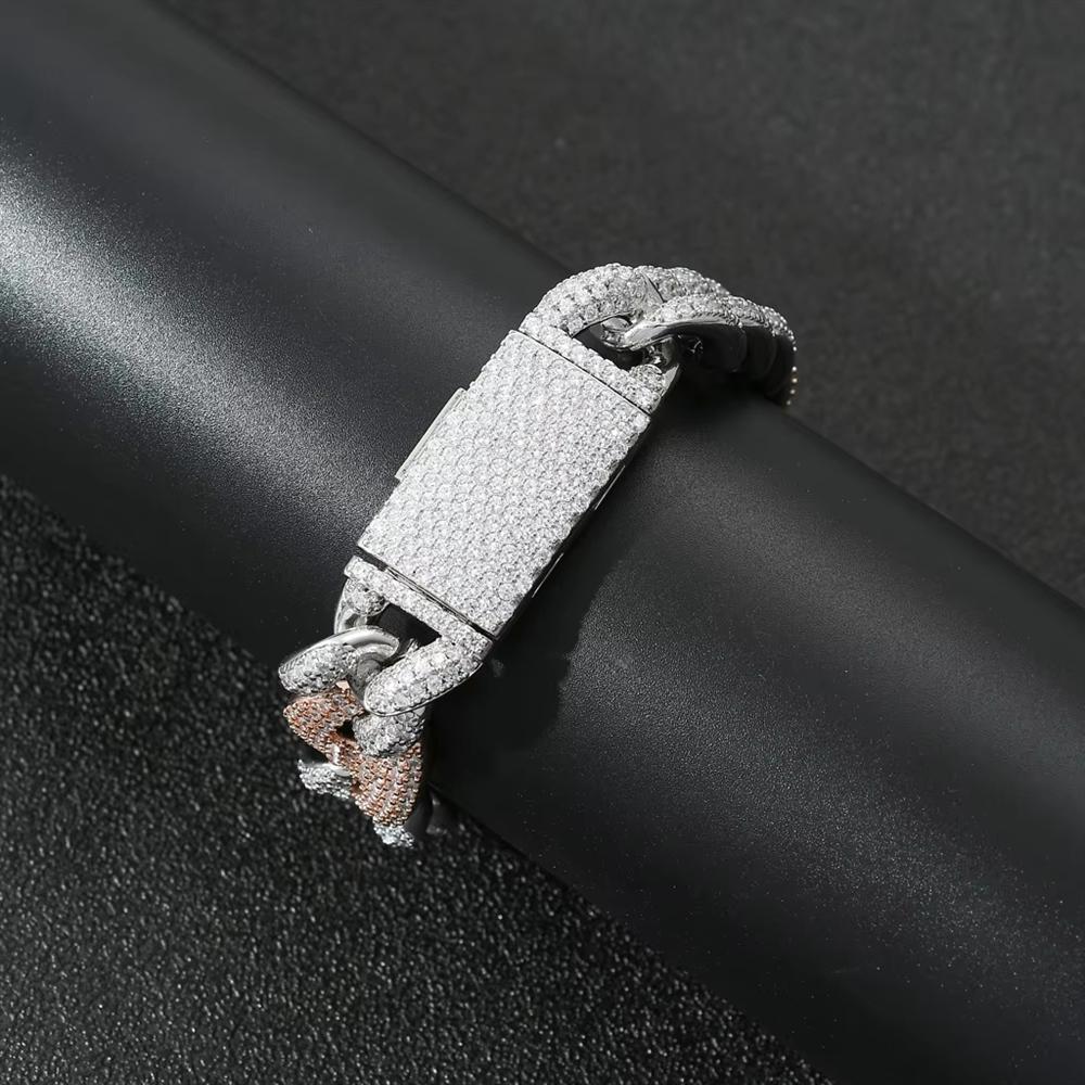 Hip Hop Jewelry 20mm Chunky Bling CZ Iced Out Pig Nose Cuban Link Chain Two Tone Bracelet for Men