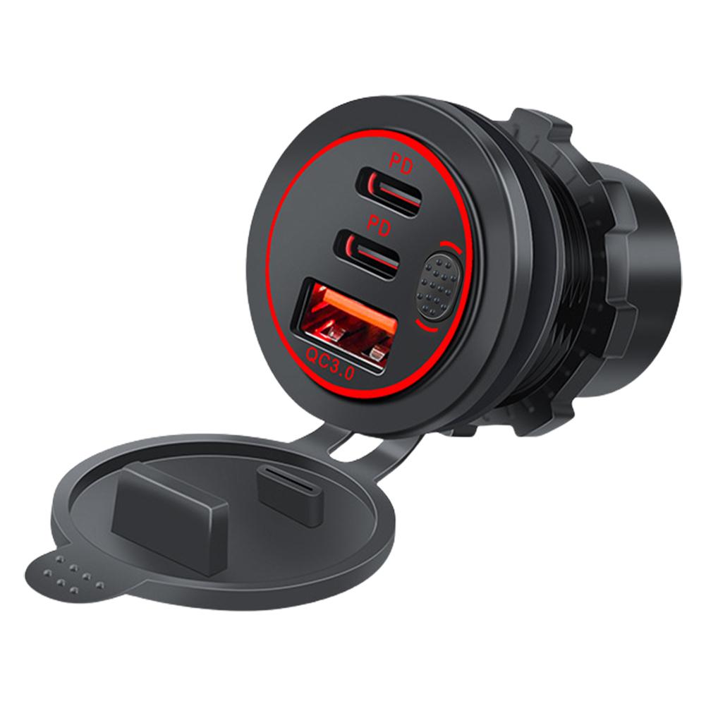 12V-24V Car Charger Socket 75W PD Type C QC 3.0 Fast Charge Adapter 3 Ports USB Outlet Waterproof Car Charger for Car RV Marine