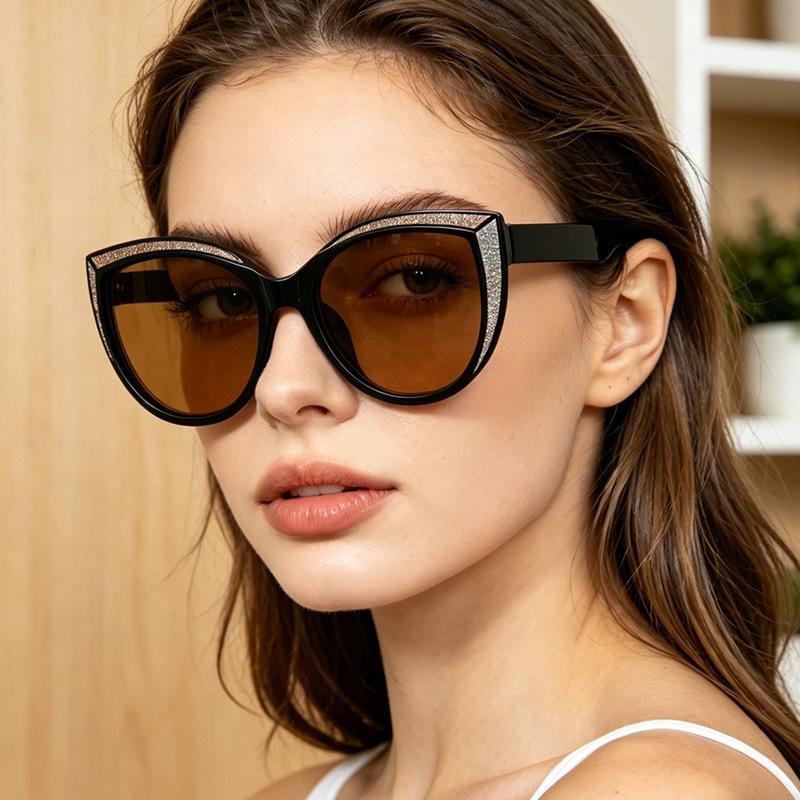 Women's Stylish Cat Eye Sunglasses with Glitter Black Frame Brown Lens for Chic Outings