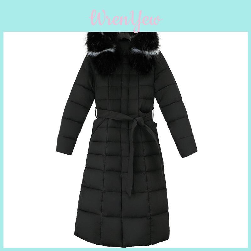 Luxurious Women Full Length Parka Jacket Down Cotton Puffer Coat Fur Long Hooded Winter