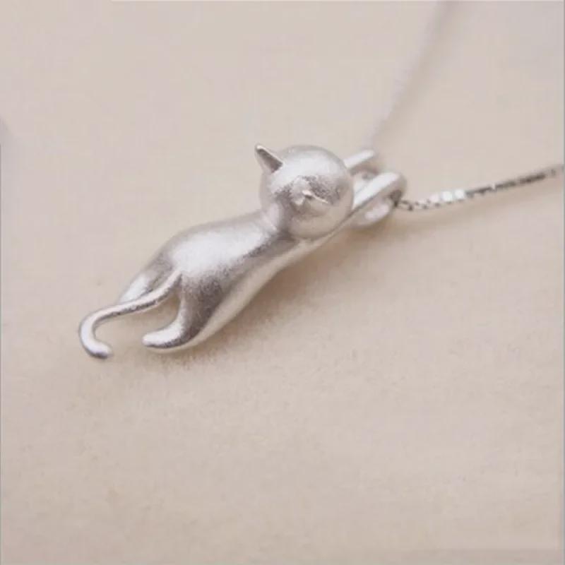 S925 Sterling Silver Sandblasted Cat Necklace Set - Cute Korean Fashion Jewelry