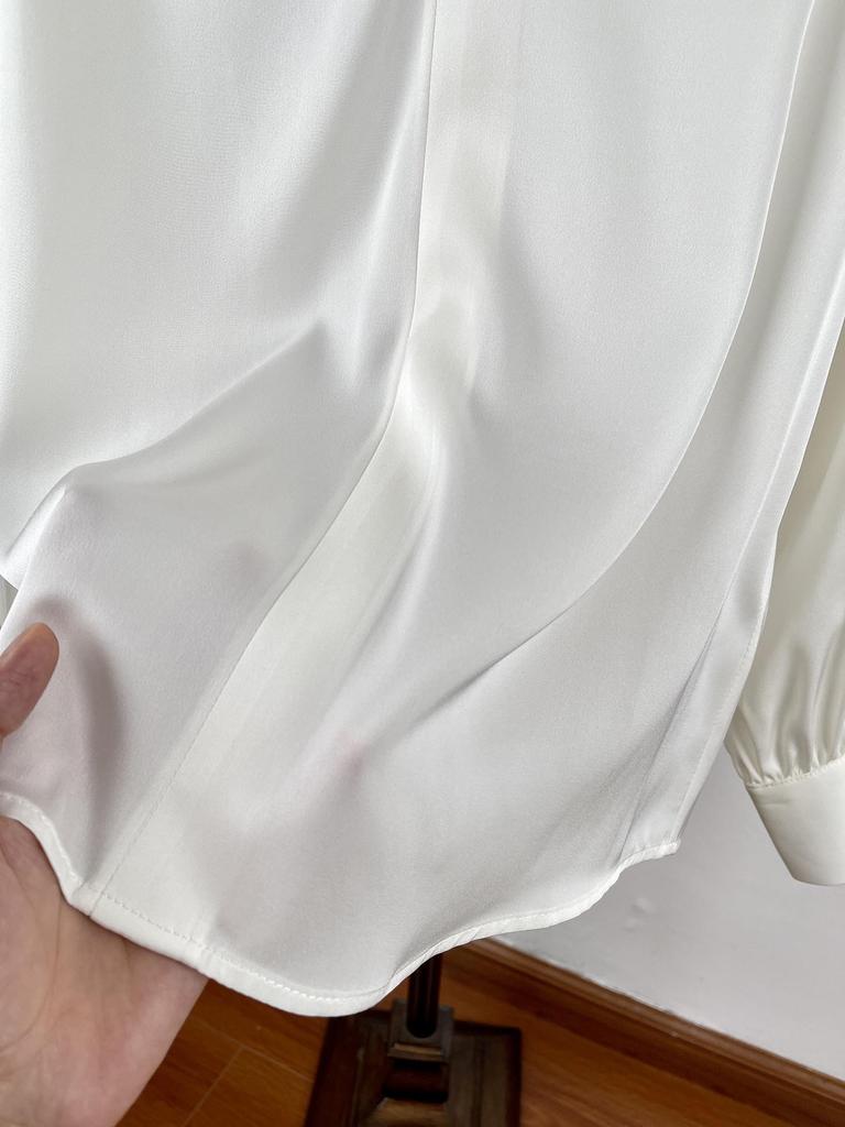 Женская элегантная шелковая рубашка-свитер с V-образным вырезом, длинный рукав, свободный крой, стройнящая, шелк-тусса, идеально подходит для весенне-летнего офиса.