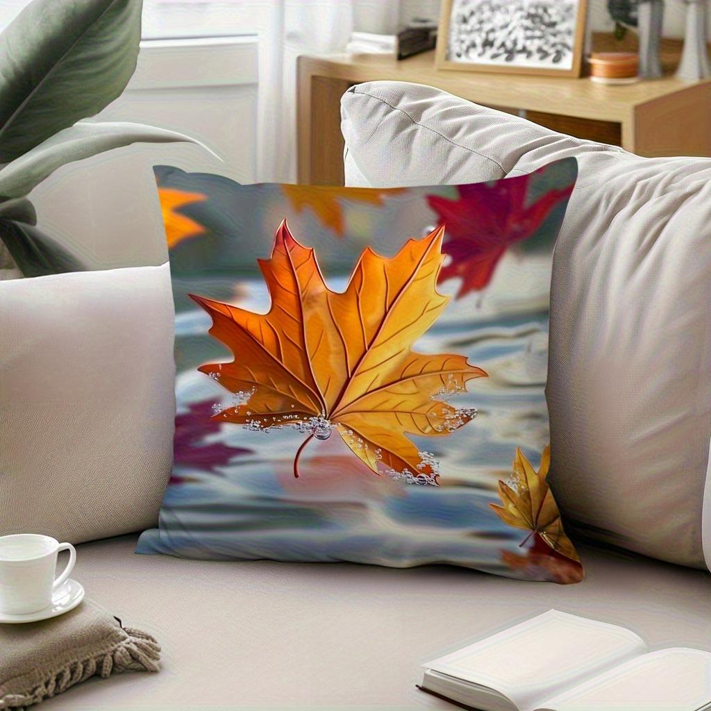 Double-Sided Printed Autumn Maple Leaf Pillowcase 1pc Modern Style Vibrant Falling Leaf Water Ripple Design Soft Towel Fabric Zipper Closure Machine W
