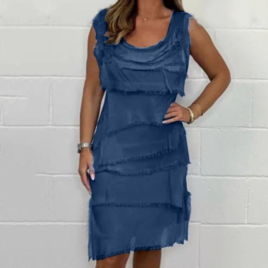 Леди летнее платье с бахромой, рваные, многослойные, без рукавов, с круглым вырезом, сплошной цвет, длиной до колена, пуловер трапециевидной формы с наклонным краем, повседневное платье миди для свиданий