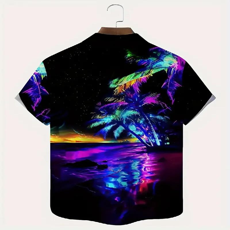 Men's Vibrant Tropical Sunset Pattern 3D Digital Print Button Hawaiian Short Sleeved Shirt Suitable for Casual Beach Wear