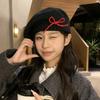 Bow Knitted Beret Women's Autumn and Winter Cold and Warm Wool Hat Big Head Circumference Showing Face Small Painter Hat