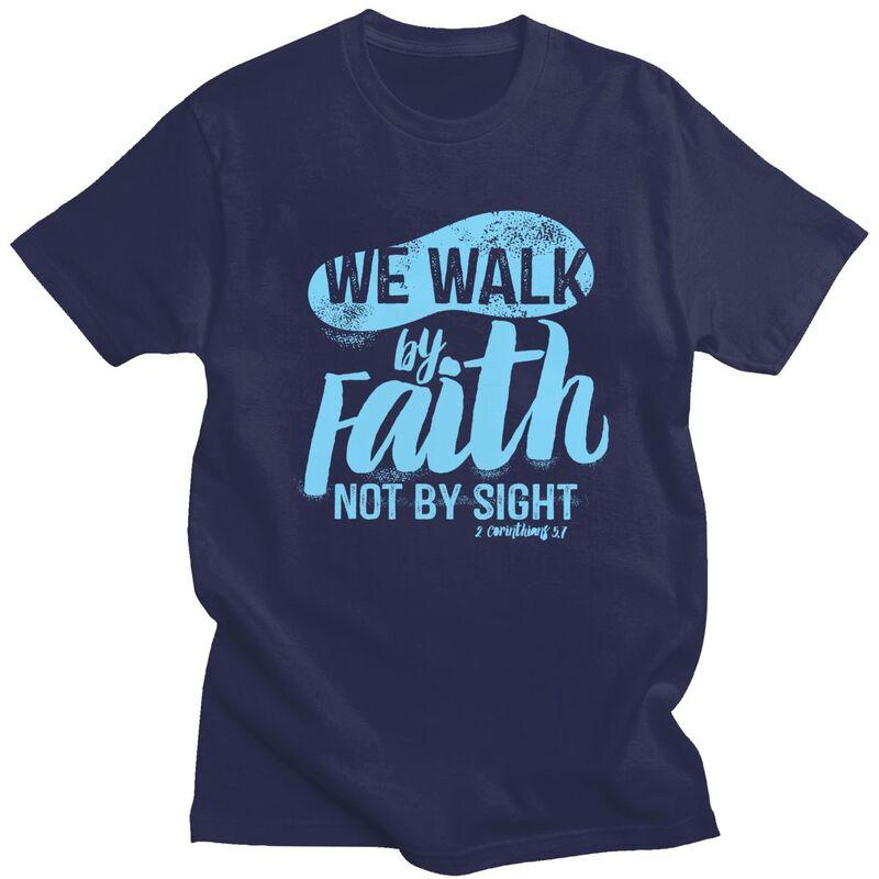 Мужские футболки на заказ в винтажном стиле 'Walk By Faith Not By Sight', повседневные, из чистого хлопка, оверсайз, подарок