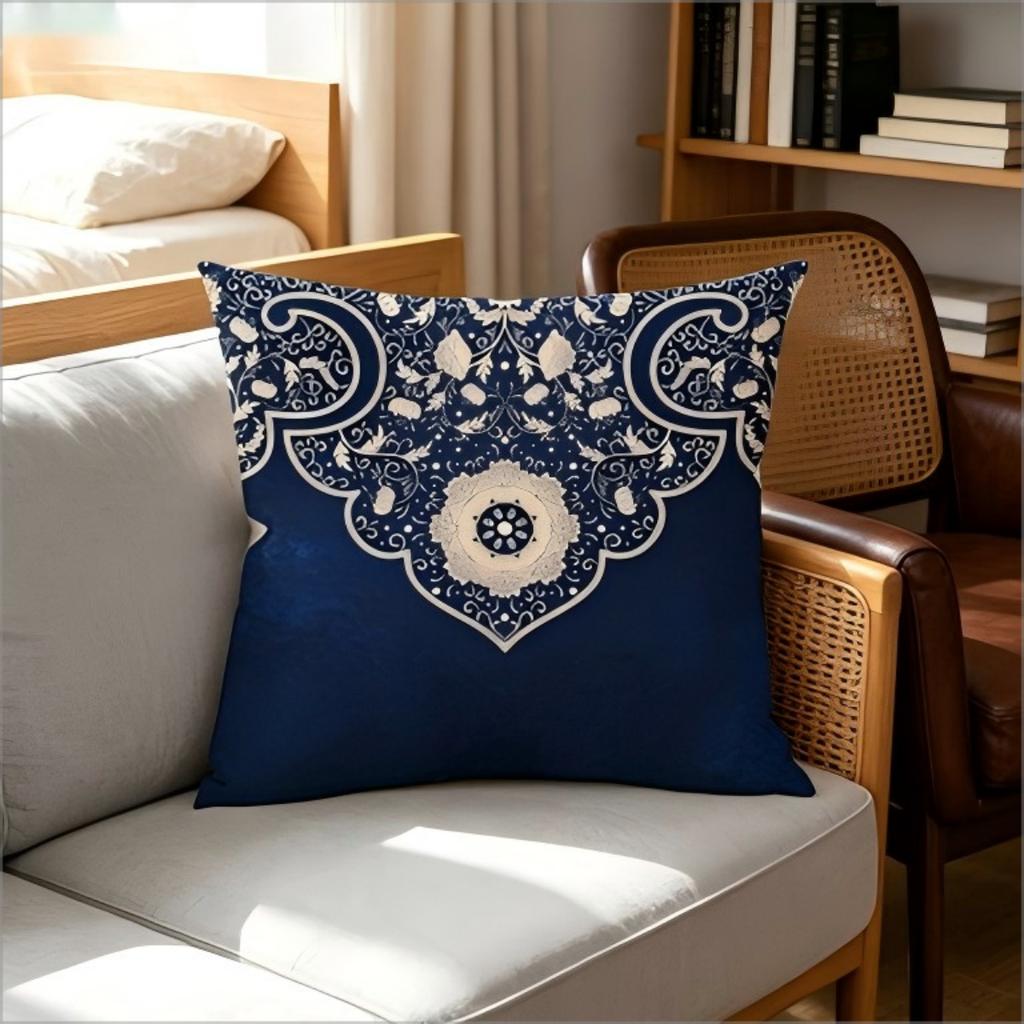 Blue White Mandala Floral Pillow Cover Chinoiserie Style Decorative Cushion Case For Sofa Couch Bedroom Living Room