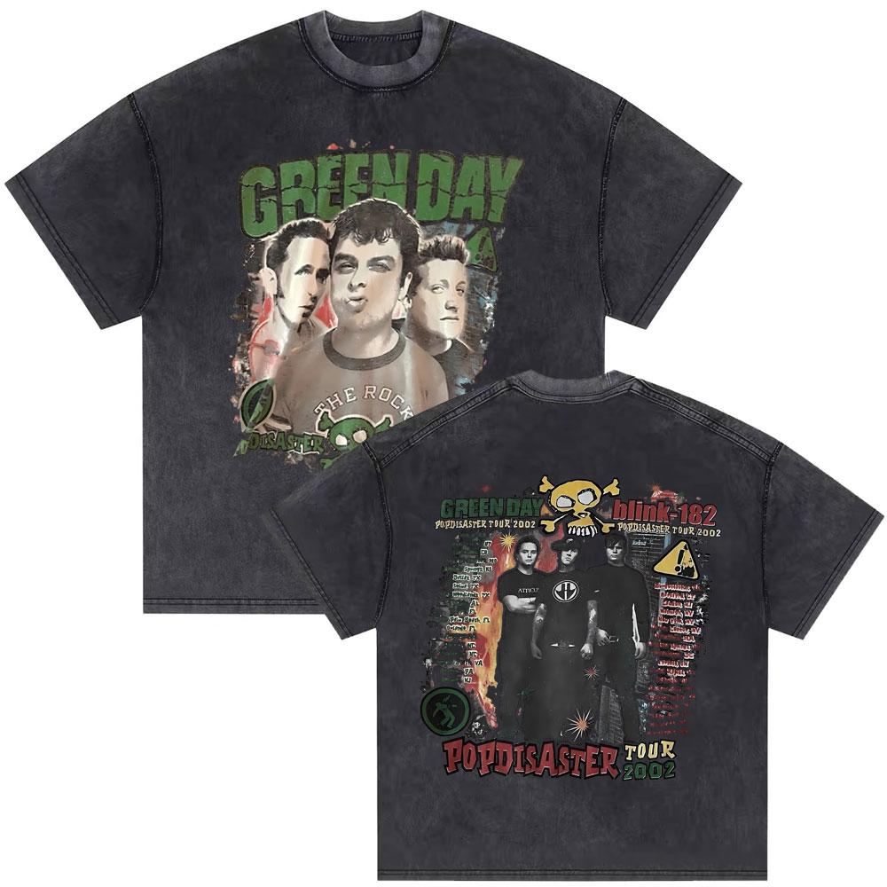 Washed Vintage Punk Band Green Day  World Tour T Shirts Men Retro Gothic Rock Tshirt Male Cotton Casual Oversized Tshirts
