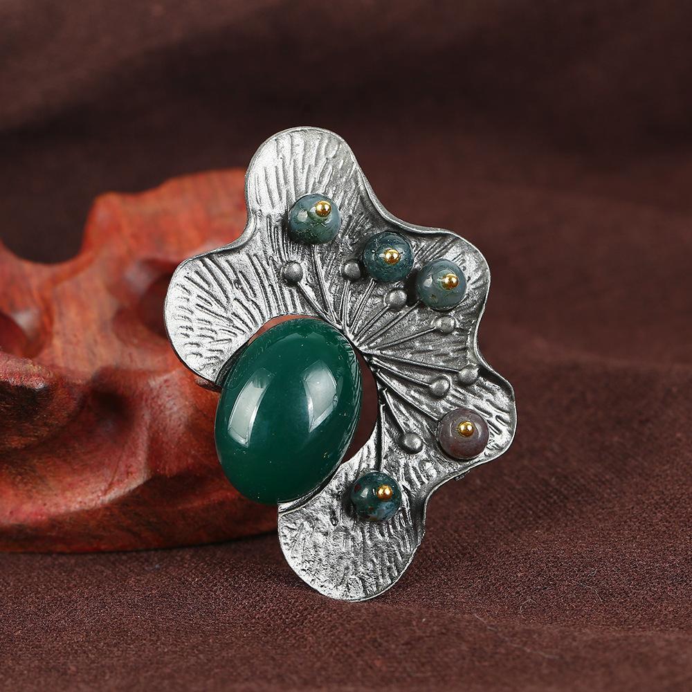 Retro Natural Agate Brooch High-end Classical Temperament Literary and Versatile Plant Pin Coat Cardigan Corsage Accessories