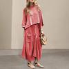 2 Pcs/Set Women Top Skirt Suit Round Neck Three Quarter Sleeve Slant Hem