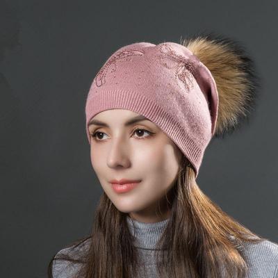 Женская зимняя меховая шапка из енота, теплая, горячая, с полой бабочкой и бриллиантами, вязаный универсальный пуловер, шапка