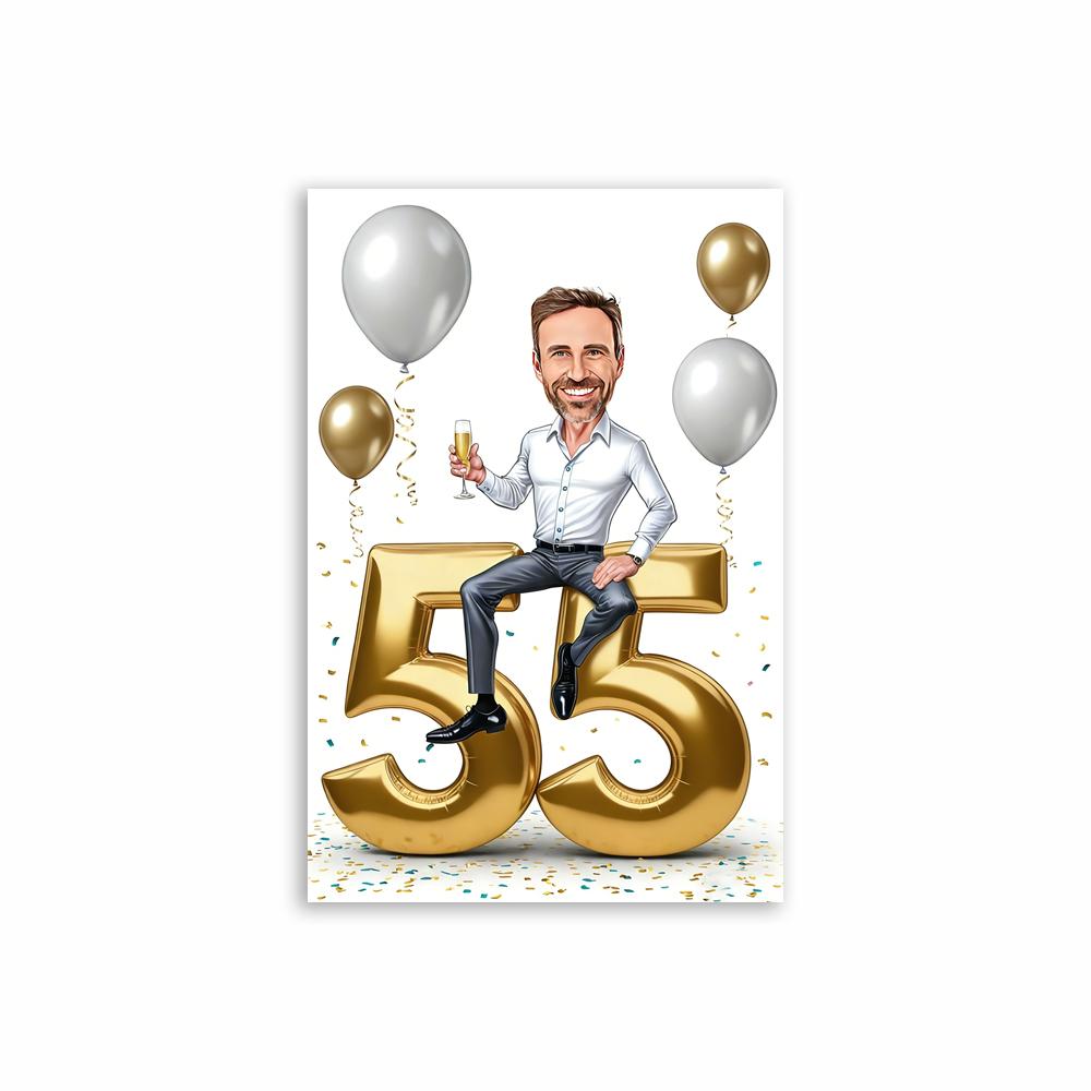 Personalized 50th Man Cartoon Portrait Poster Golden Number Caricature Prints Canvas Painting Birthday Funny Gift Wall Art Decor