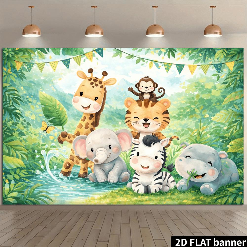 2D Flat Banner, Cartoon Jungle Party Backdrop, Giraffes, Monkeys, Tigers, Elephants, Lush Jungle, Babbling Stream, Butterflies