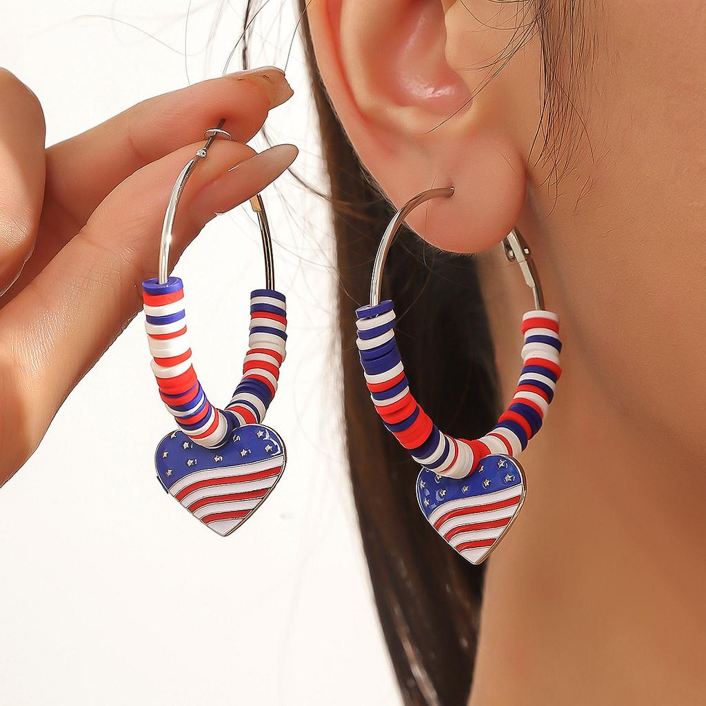 Alloy Drip Diamond Red White Blue Stripe Love Pentagram Independence Day Earrings
