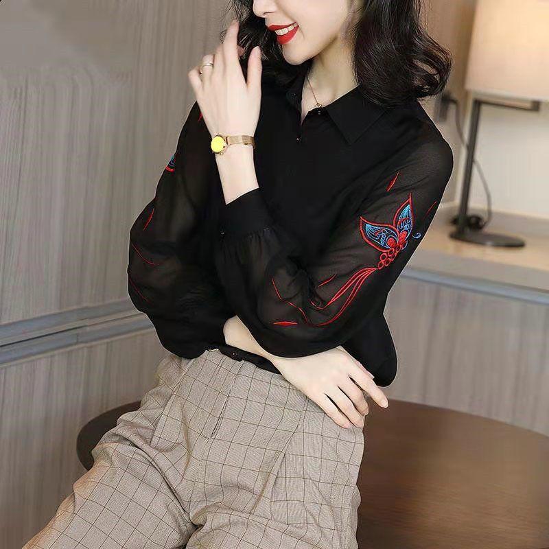 Women Black Chiffon Embroidery Shirt Long Sleeve Loose Blouse Casual Office Top