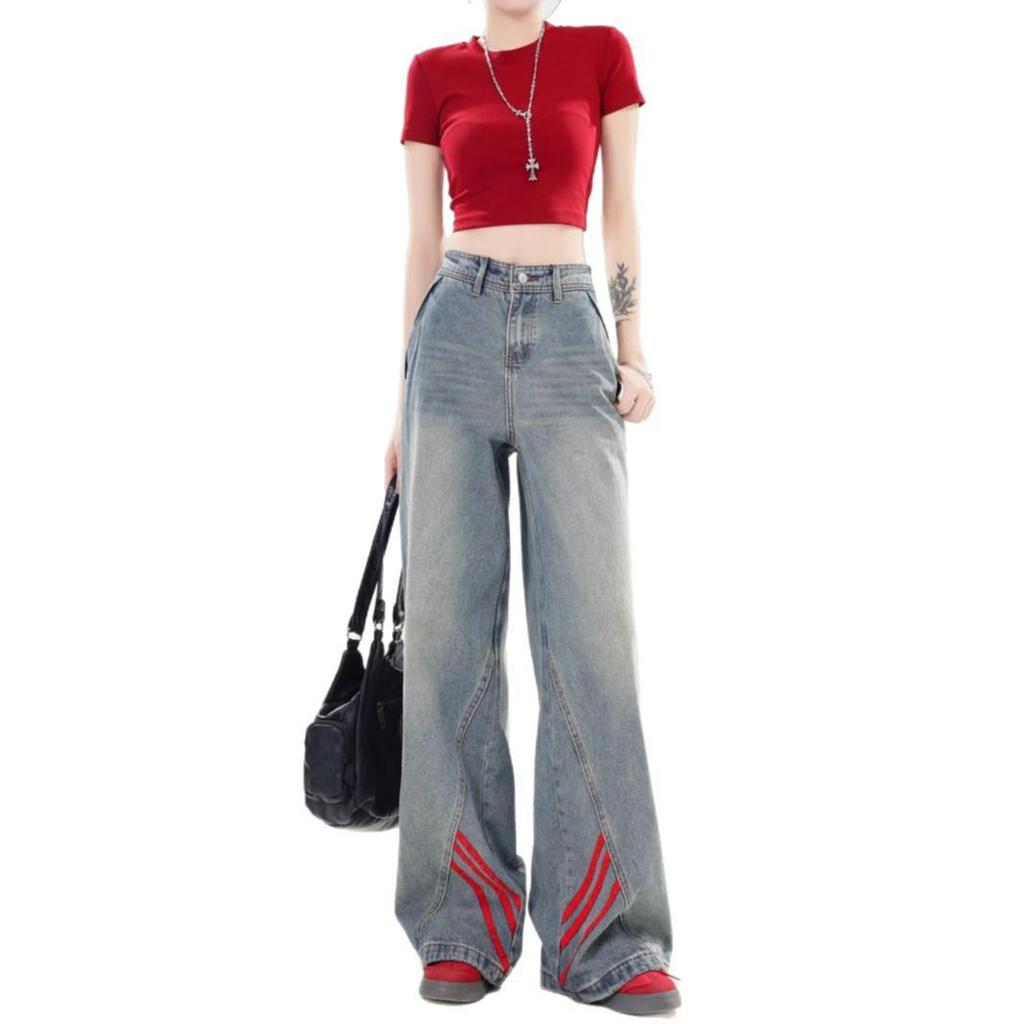 Plus Size High Waist Loose-Fit Patchwork Striped Wide-Leg Jeans for Women