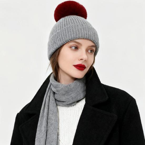 3Pcs/Set Women Winter Hat Scarf Gloves Set Plush Ball Decor Elastic Knitting Hat Long Scarf Touch Screen Gloves Set