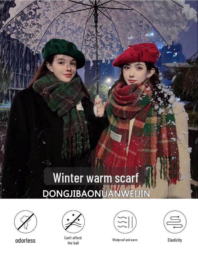 Korean Christmas Red Plaid Knitted Scarf for Women – Retro Tassel Neck Warmer