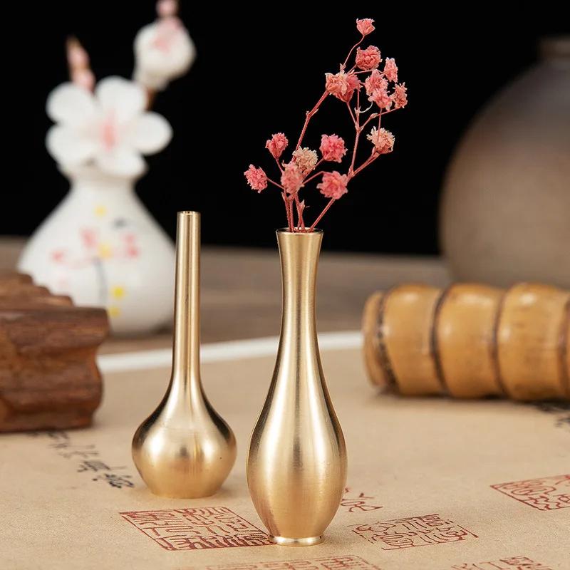 Mini Antique Pure Copper Vase Gold Home Decor Living Room Decoration Tall Vase Unique Flower Vase Miniature