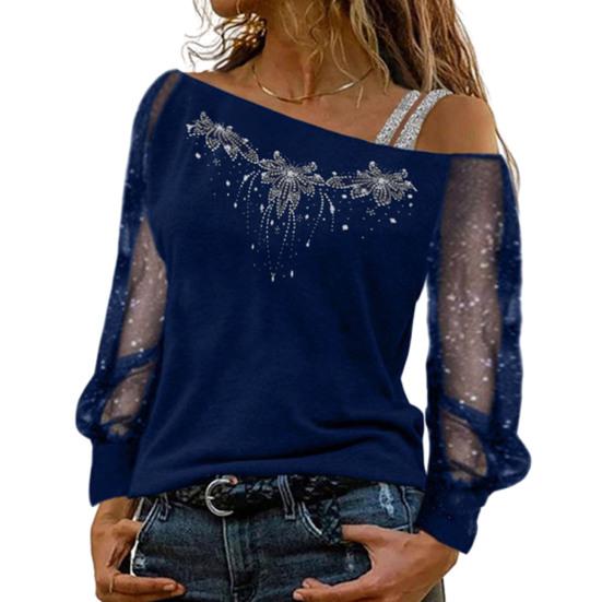 Осень-весна, женский топ, прозрачная сетка, лоскутное шитье, блестящие блестки, стразы, диагональный воротник, свободный длинный рукав, цветочный узор, одно плечо, плюс