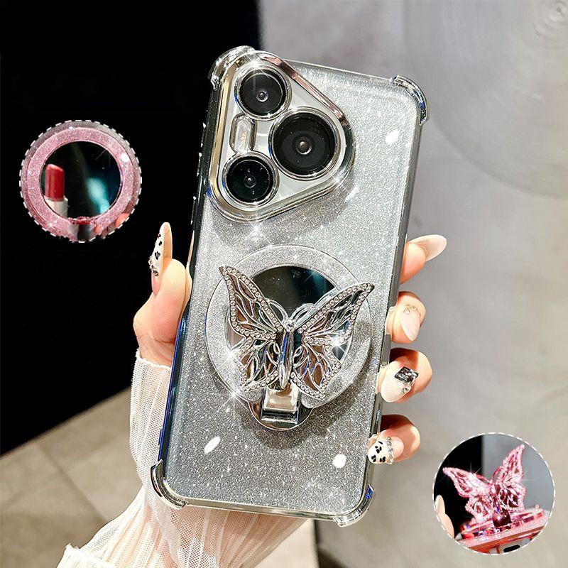 Butterfly Glitter Mirror Holder Phone Case For Samsung S25 S24 S23 S22 S21 S20 Plus FE Ultra Shockproof Soft Silicon Stand Cover