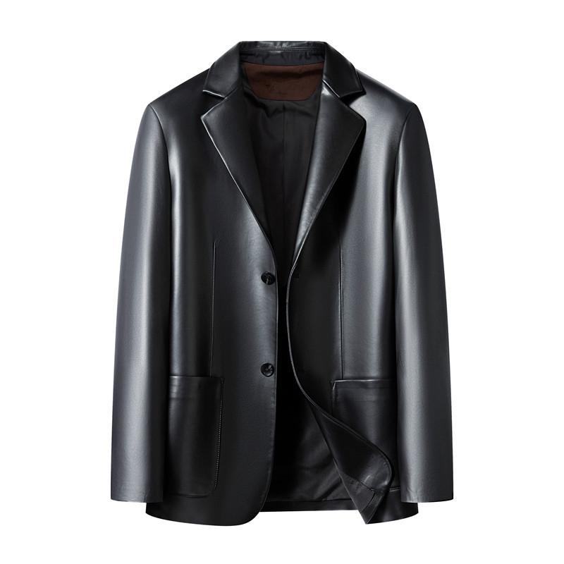 Новая мужская кожаная куртка Haining из овчины, приталенная, корейская версия, стильный костюмный воротник, легкая роскошь для мотоциклистов, осенний мужской костюм