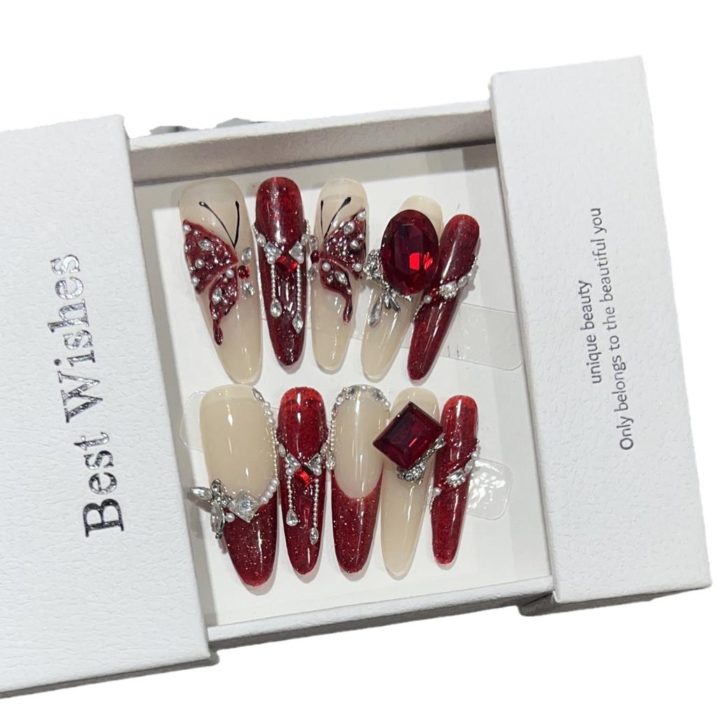 Pure Hand-wearing Armor High-end Atmosphere Nude Color New Year's Wine Red Manicure Finished Product Removable Nails