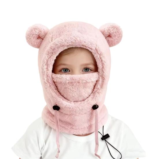 Детская лыжная шапка однотонная, с декором в виде медвежьих ушек, 3-в-1, с защитой лица, шарфом и головным убором, ветрозащитный флисовый головной убор для холодной погоды с регулируемыми шнурками