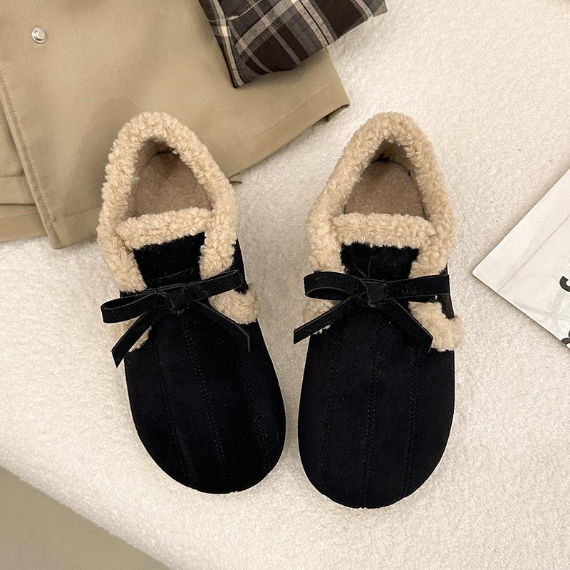 Soft-soled velvet casual shoes women's winter new retro bow one-pedal fluffy shoes women's flat cotton shoes