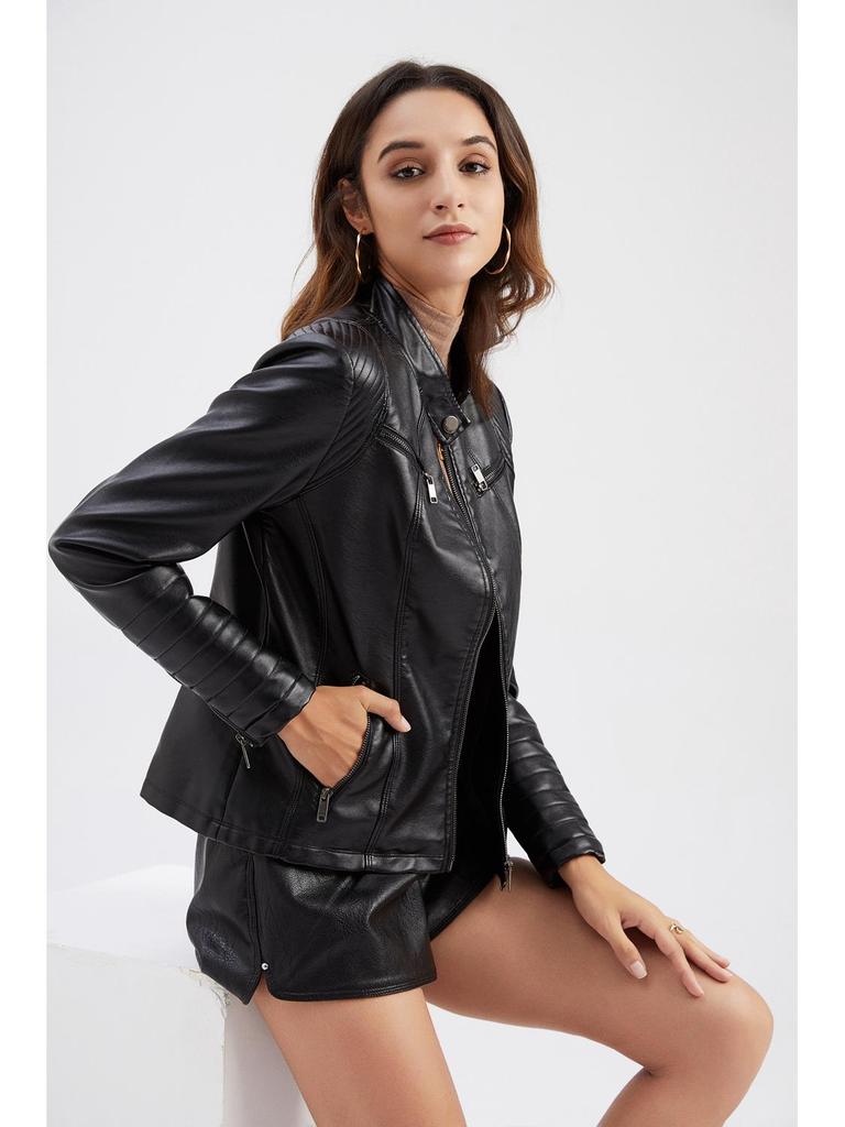 Women's European & American Spring/Autumn Leather Motorcycle Jacket - Stylish Short Design