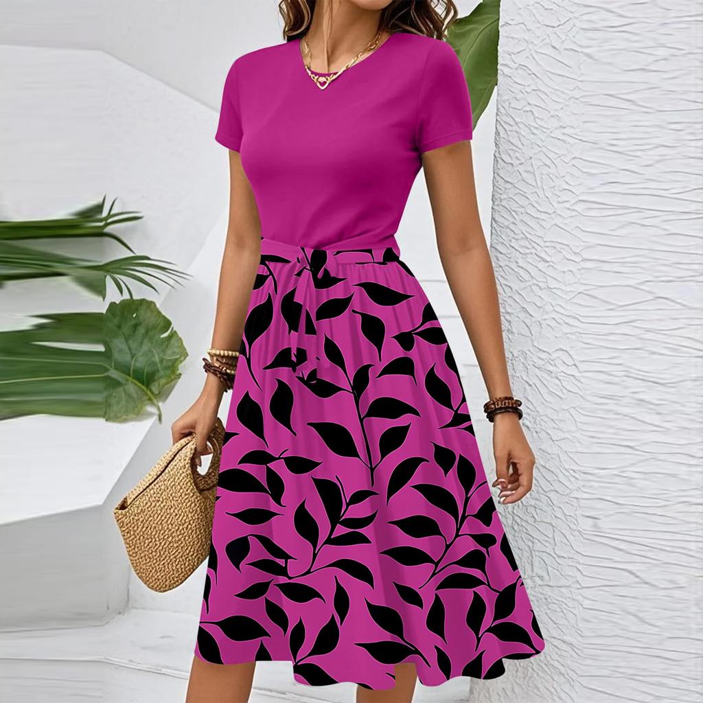 Women's Casual Fashion Belted Floral Print Short Sleeve Round Neck Elegant Dress