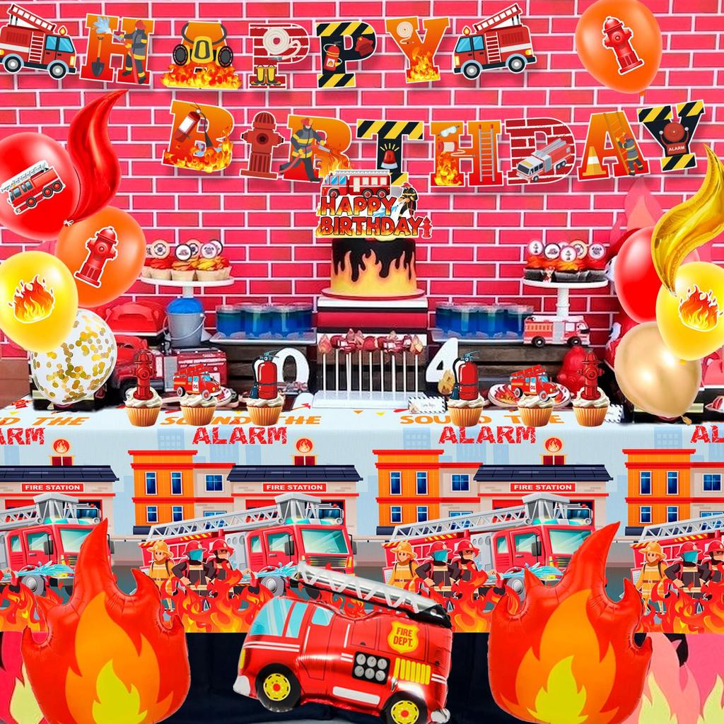 Украшения для вечеринки «Пожарная машина», 100 шт., Украшения для дня рождения «Пожарная машина», Шары для вечеринки «Пожарная машина», Баннер «С днем рождения», Топперы для торта, Скатерть и т. д.