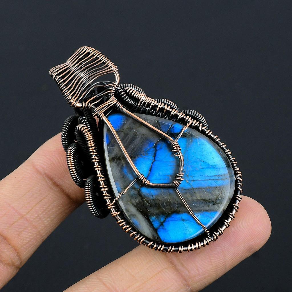 Подвеска ручной работы из лабрадорита с голубым отблеском, украшения из натуральных драгоценных камней, подвеска, обернутая медной проволокой 999 пробы, для подарка