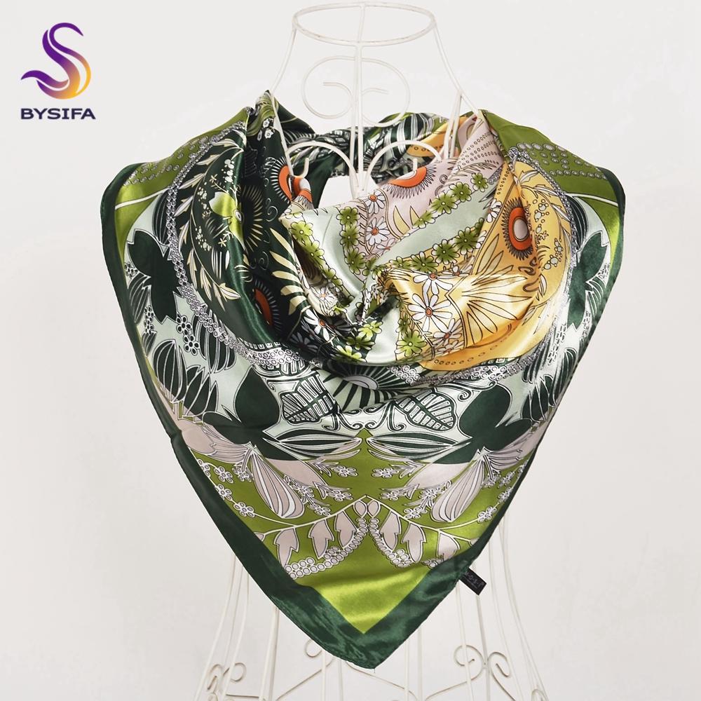 [BYSIFA] Navy Blue Chinese Roses Large Square Scarves New Female Elegant Large Silk Scarf Fashion Ladies Accessories 90*90cm