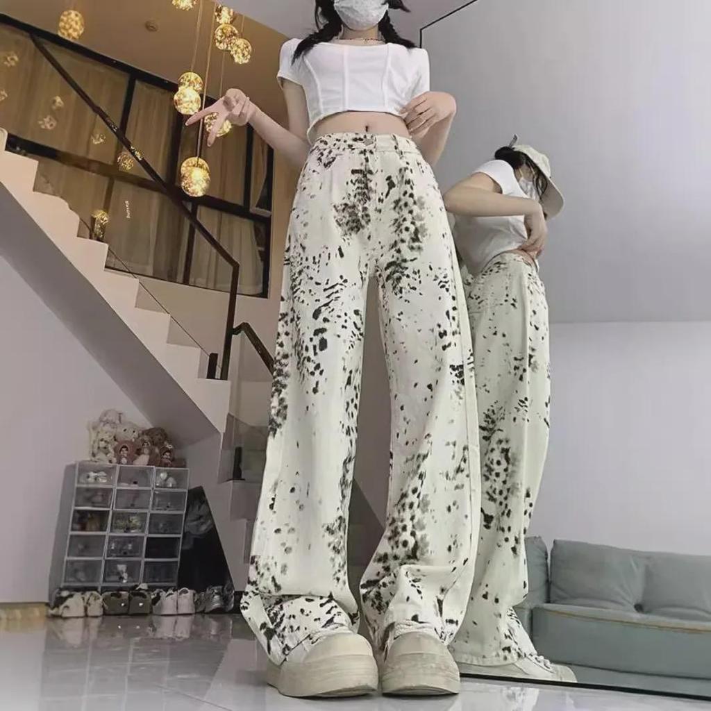 2024 Women's Autumn Leopard Print Wide-Leg Jeans - Trendy American High Street Style