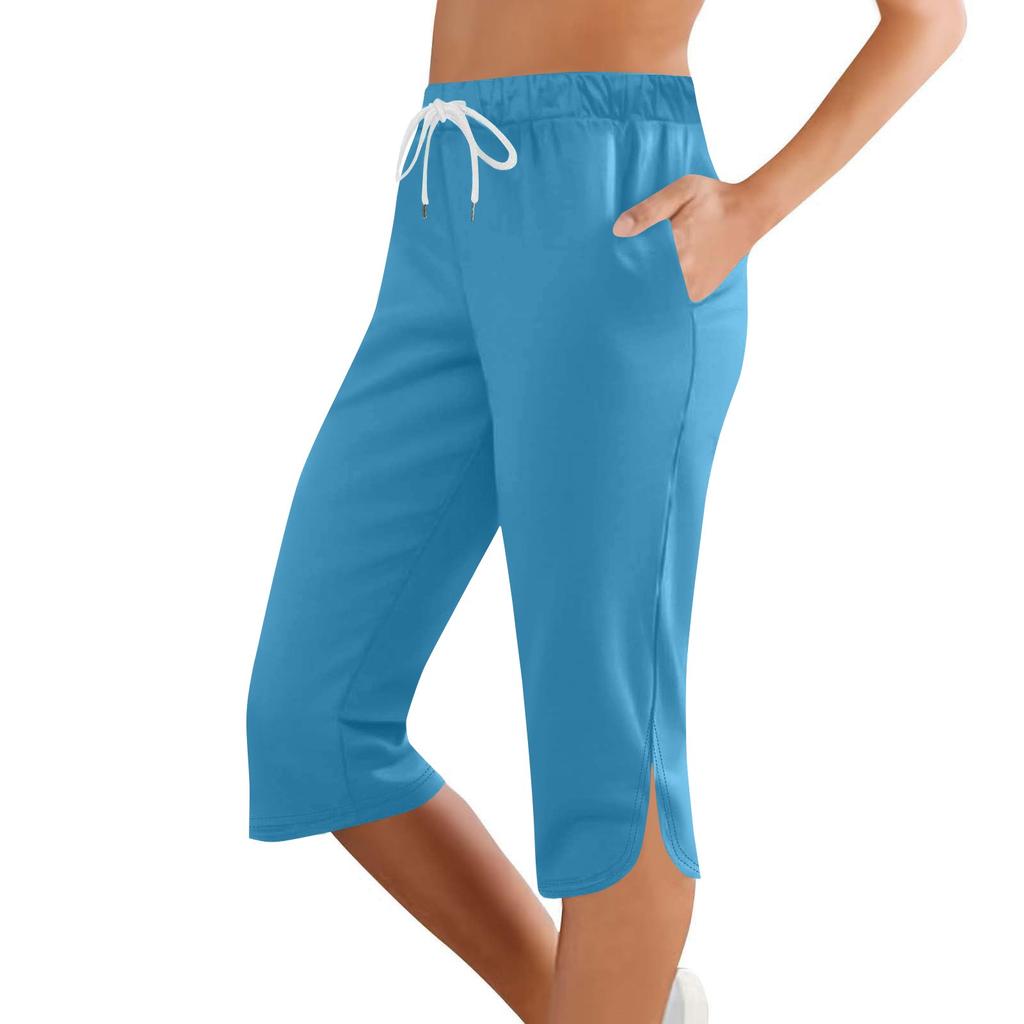 Женские модные летние спортивные штаны для йоги, повседневные, однотонные, с карманами, до колен