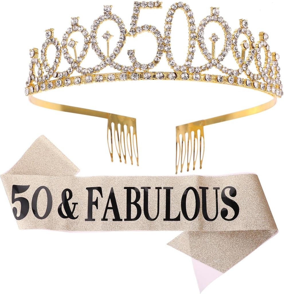 Happy 50th Birthday Decorations, 50th Birthday Tiara Crown, Gold 50Year Old Birthday Party Decorations for Women Gifts