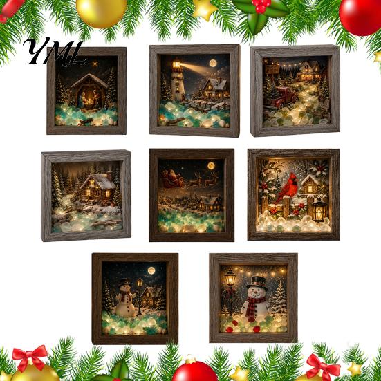 Miniature Landscape Art Christmas Sea Glass Shadow Box Night Light, 3D Winter Snow Scene Wooden Holiday Gift for Friends Frame with LED Warm