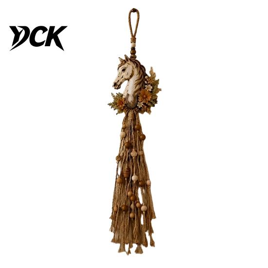Warm Light String Hanging Decor Farmhouse Horse Wall Decor, Boho Head Ornament with Wood Beads Bohemian Style Room Decoration Tassels, Rustic Art for