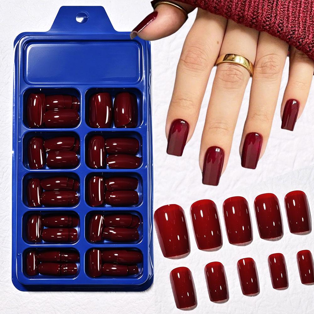 120 шт. Глянцевые вишнево-красные квадратные накладные ногти Medium Soft Gel Красные накладные ногти Ручная работа Полное покрытие Вишнево-красные акриловые накладные ногти