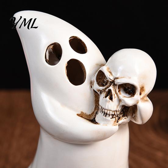 Halloween Festive Decorations Ghost Figurine with Skull, Resin Statue for Tabletop Decor, Decorative Light Holder Retro Gothic Ornament Home