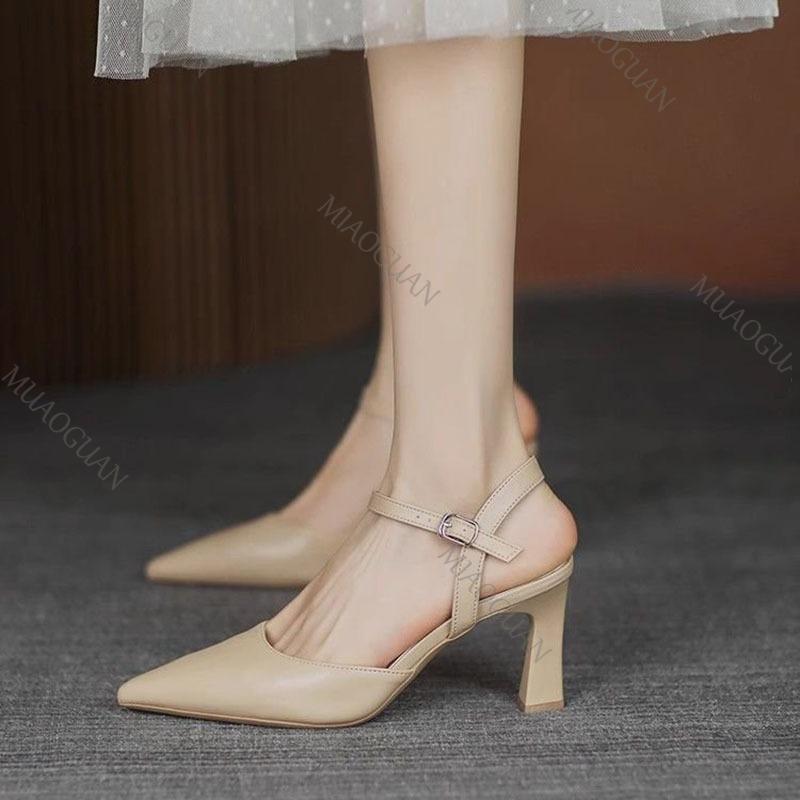 Мода 2025 Летняя обувь для женщин Толстый высокий каблук Сандалии Баотоу Мода Острый носок Мягкая кожа Однотонные Сандалии на каблуке Женские