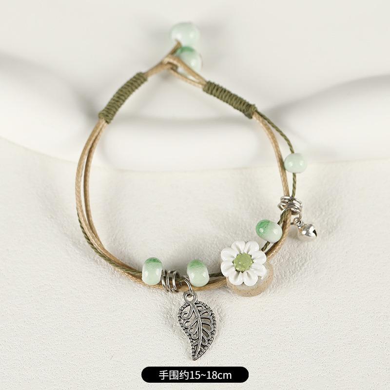 Retro Ceramic Flower Woven Bracelet Niche Literary Hand Rope Small Fresh Bell Bracelet Female