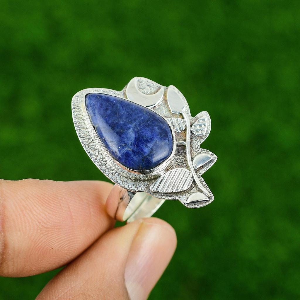 Sterling Silver Natural Sodalite Solitaire Cescent Moon Statement Ring Jewelry