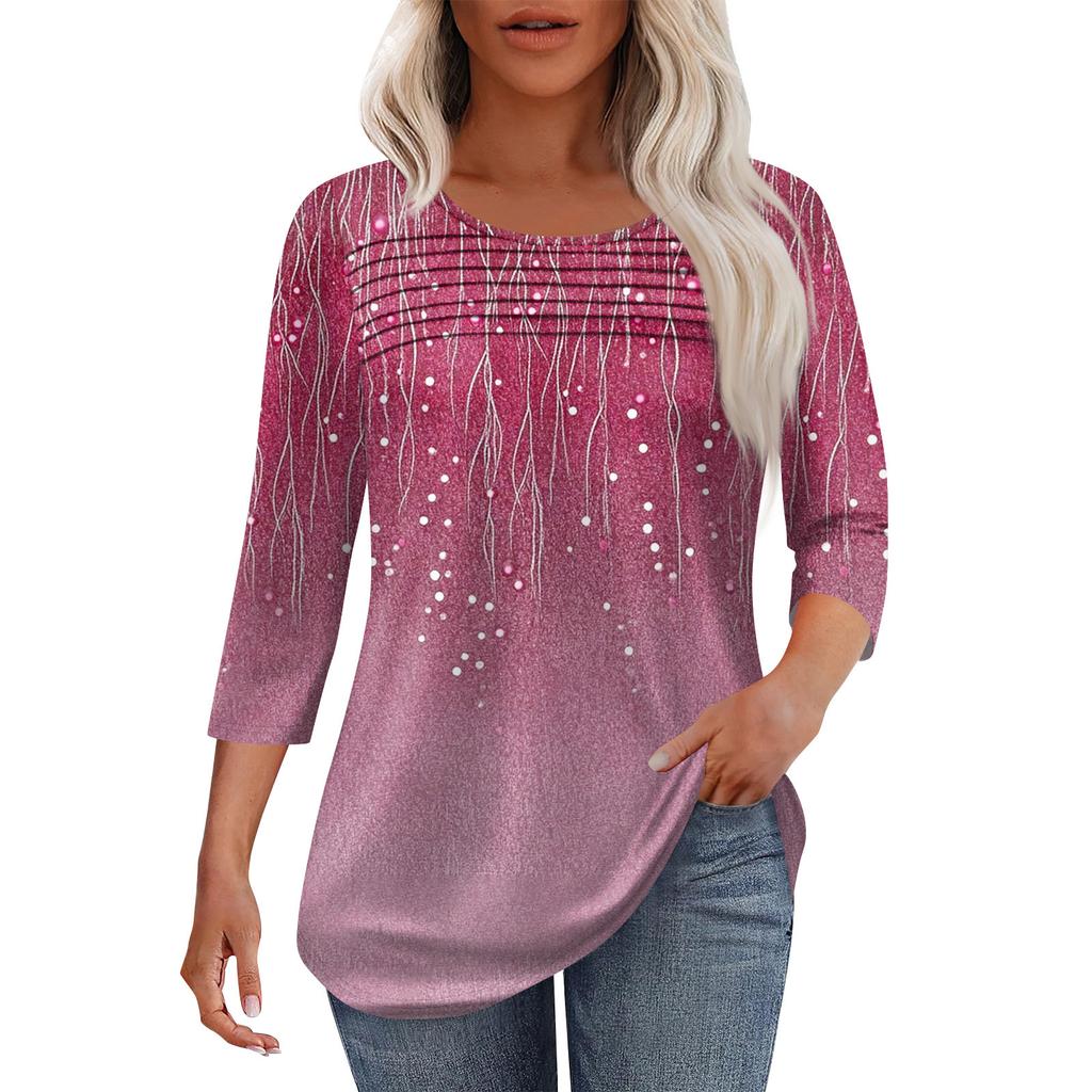 Женская мода круглый вырез горловины плиссированная передняя планка топ рукав 3/4