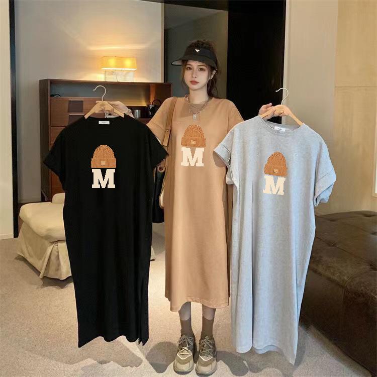 Women's Short-sleeved T-shirt Dresses Summer Loose Knee-length Casual Plus Size Dress Split Dress